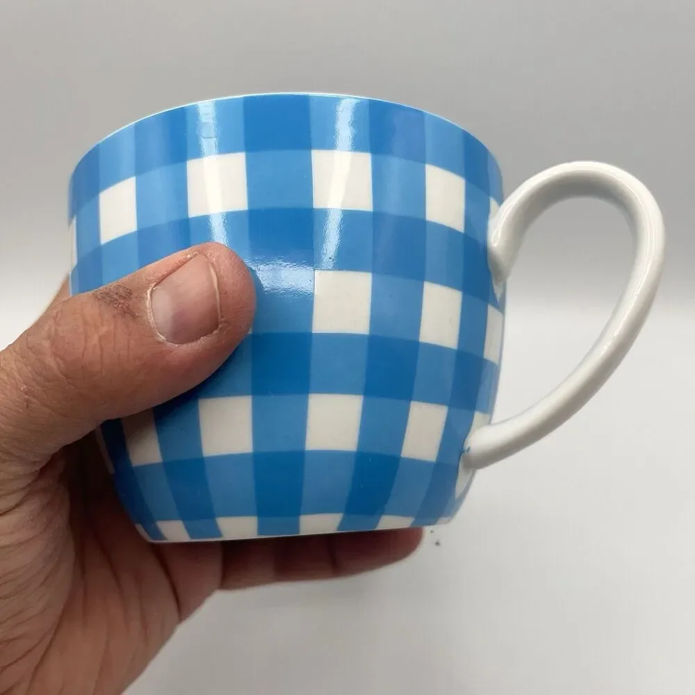 Crate & Barrel Coffee Mug Cup Gingham Plaid Blue White